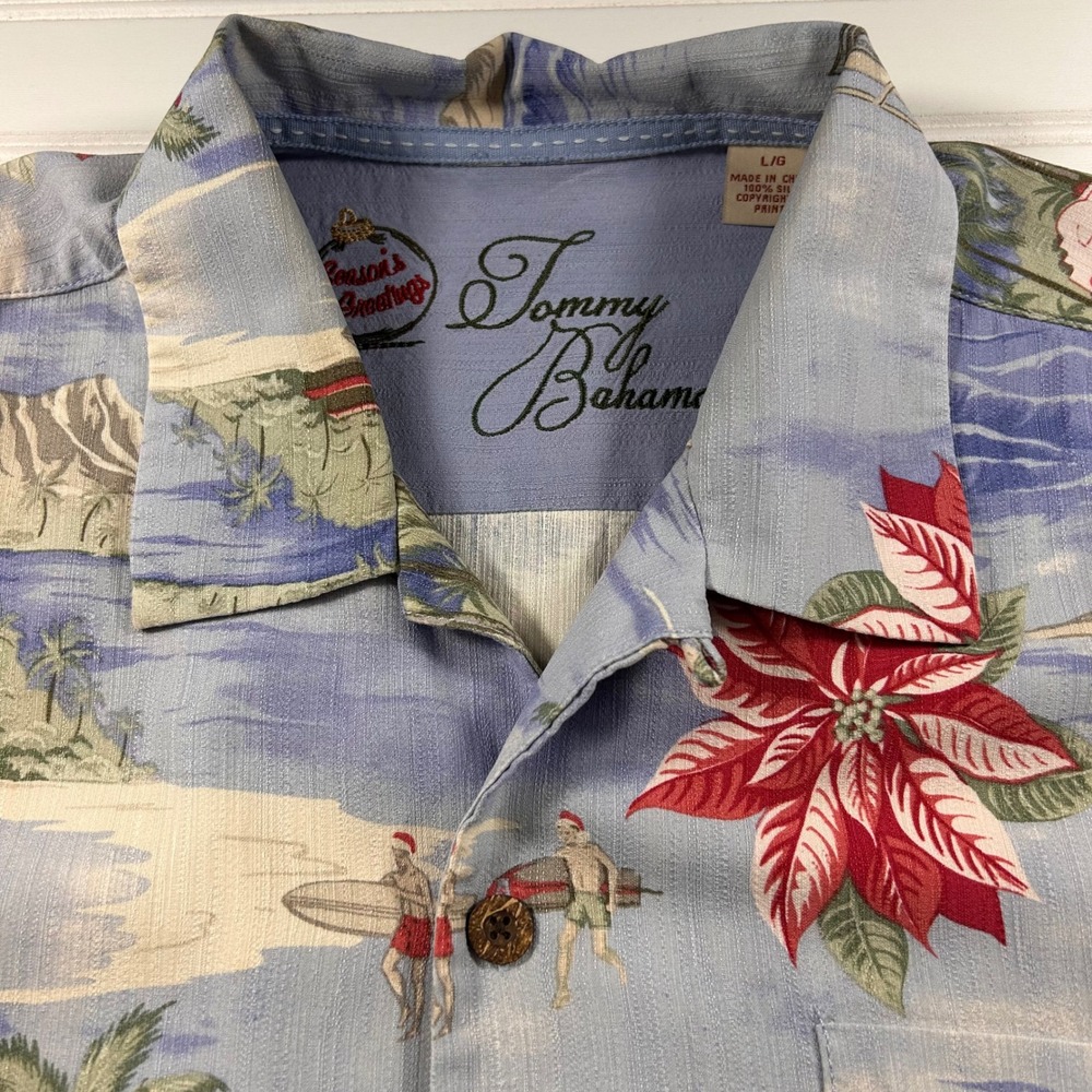 Tommy Bahama Seasons Greetings Silk Camp Shirt Mens L Blue Aloha Christmas Santa